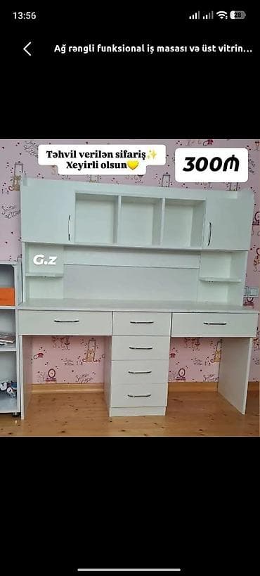 ofis divan: Ağ rəngli funksional iş masası və üst vitrin - Geniş iş səthi ilə iki — 1