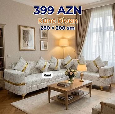 Künc divan – 280 × 200 sm - Zərif klassik dizayn: açıq rəngli naxışlı