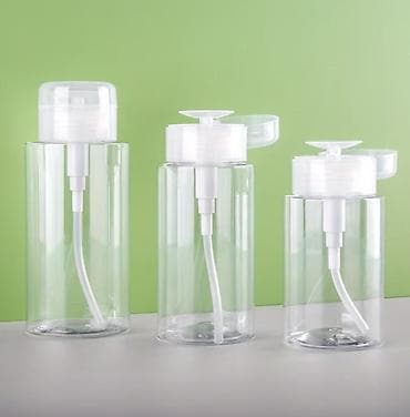 Açıq rəngli plastik pompalı dozator şüşə – makiyaj pambığı üçün — 3