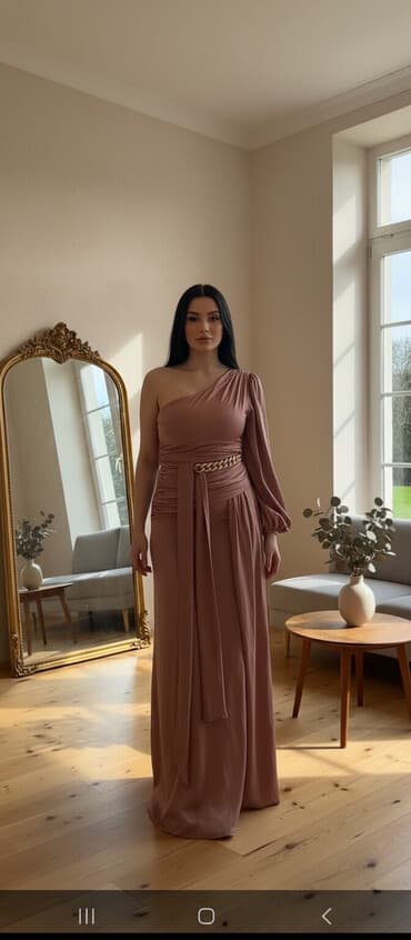 toy ucun tulumlar: Pudra-çəhrayı rəngdə uzun ziyafət donu - Model: asimmetrik, birqat — 1