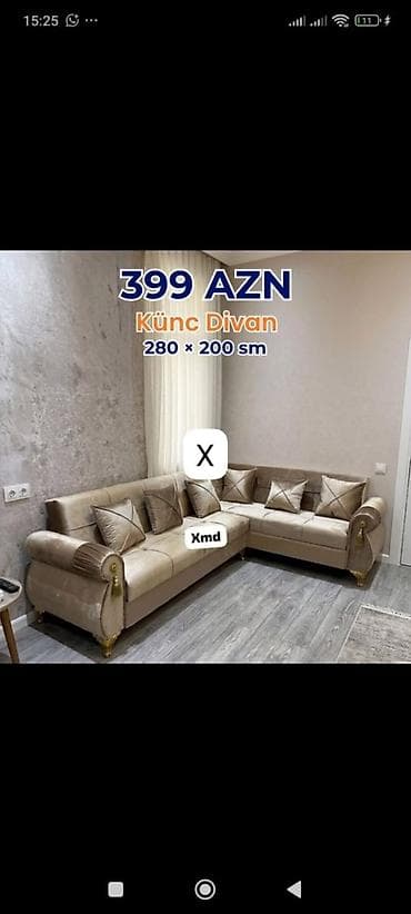 Künc divan – 280 × 200 sm - Qiymət: 399 AZN (şəkildə göstərilib) - L