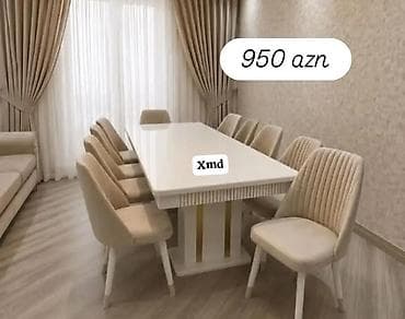 masa metbex: Ağ rəngli yemək masası və 8 ədəd stul dəsti. - Dəst tərkibi: 1 ədəd — 1