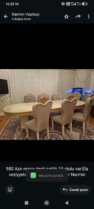 masa ve stul: 980 Azn masa desti satilir 10 stulu var.Ela veziyyetdedir Unvan — 1