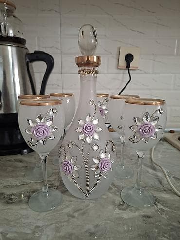qab qaşiq: Zərif dekorlu şüşə qablar dəsti - Yaşıl-qızılı şampan/fleyta — 6