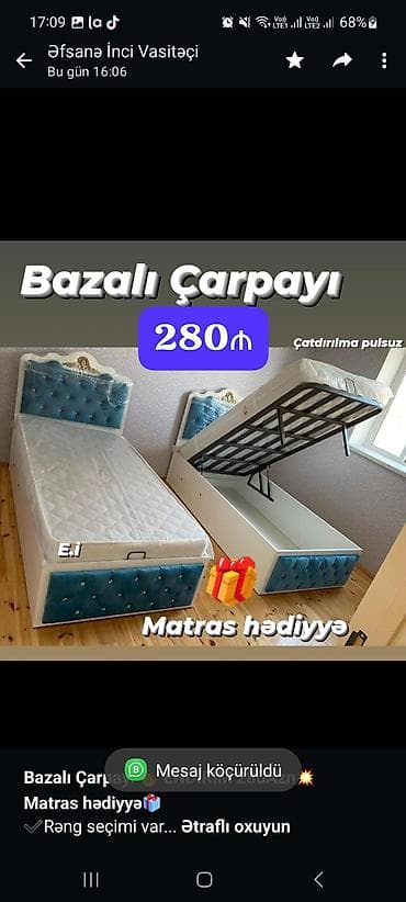 matraslar: *Bazalı Çarpayı 🔥 ENDİRİM 280Azn💥* *Matras hədiyyə🎁* ✔️Rəng seçimi var — 1