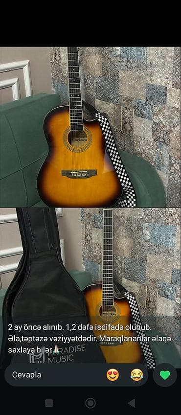 akustik gitara simi: Akkustik gitara – kəsimlə (cutaway) korpus, sunburst (sarı-qəhvəyi) — 1