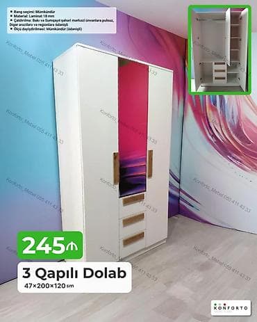 skafi: 3 qapılı geyim dolabı Ölçülər: 47×200×120 sm Xüsusiyyətlər: - — 1