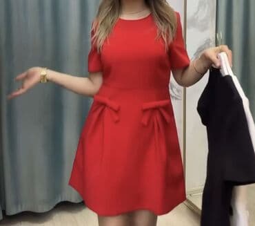 Bıçaqlar: Qadın qısa qırmızı paltar - Klassik dairəvi yaxa - Qısa qol - A-kəsim — 1