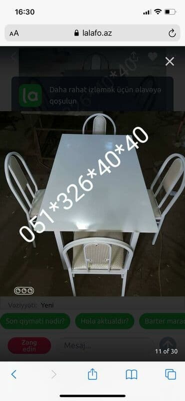 Masa və oturacaq dəstləri: Qonaq otağı üçün, Yeni, Açılan, Dördbucaq masa, 4 stul — 6