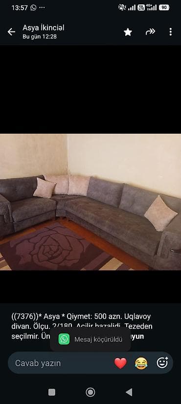 divan olcusu: ((7376))* Asya * Qiymet: 500 azn. Uqlavoy divan. Ölçu. 2/180. Acilir — 1