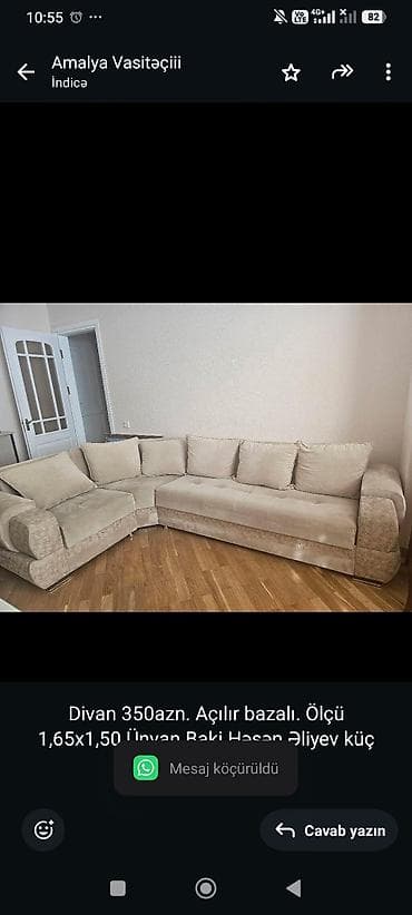 Ev üçün mebel: Divan 350azn. Açılır bazalı. Ölçü 1,65x1,50 Ünvan Baki Həsən Əliyev — 1
