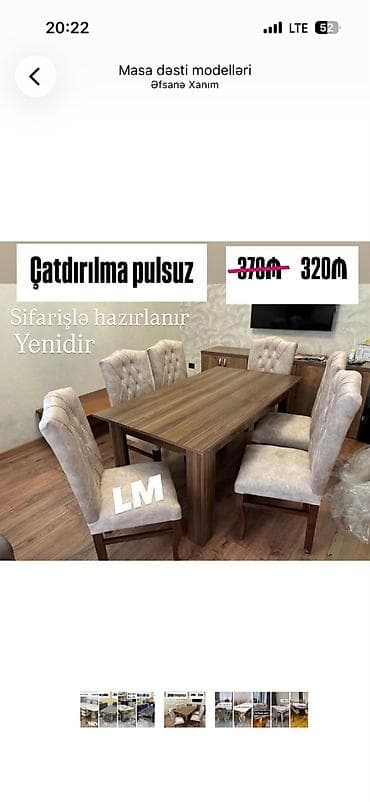 Masa dəsti – 1 masa + 6 stul • Material: taxta fakturalı möhkəm — 1
