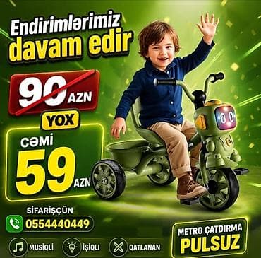 velo per page 40: Robot dizaynlı uşaq üçtəkərli velosipedi - Rəng: zeytun-yaşıl - Ön — 1