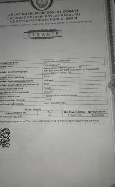 şirvan torpaq: Астара району Низами кучесинде Ев сатылат. 139 кв метр. Саhеси 7 сот — 12