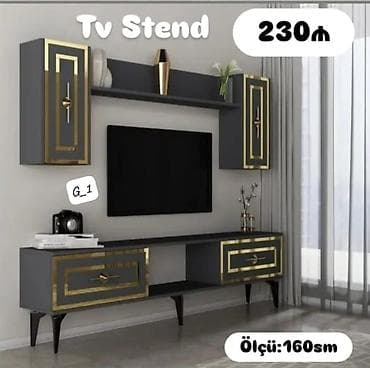 TV stend dəsti – müasir dizayn, qara rəngdə qızılı dekor elementləri lalafo.az -da TV stend dəsti – müasir dizayn, qara rəngdə qızılı dekor elementləri