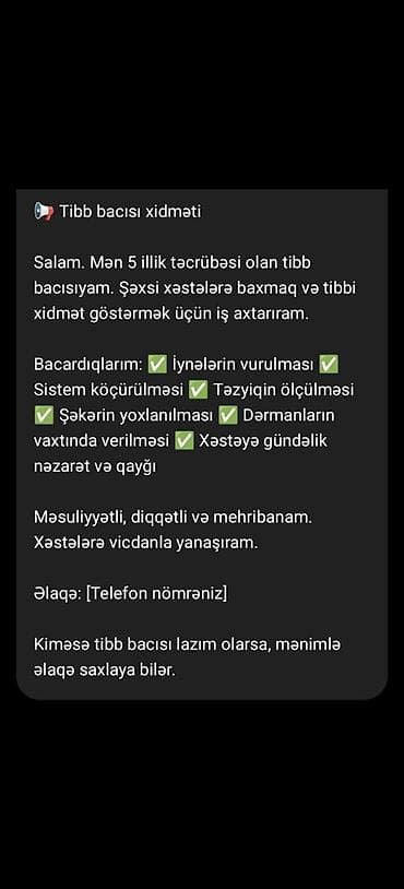 3 birinde printer: Tibb bacısı xidməti 5 illik təcrübəyə malik peşəkar tibb bacısı — 1