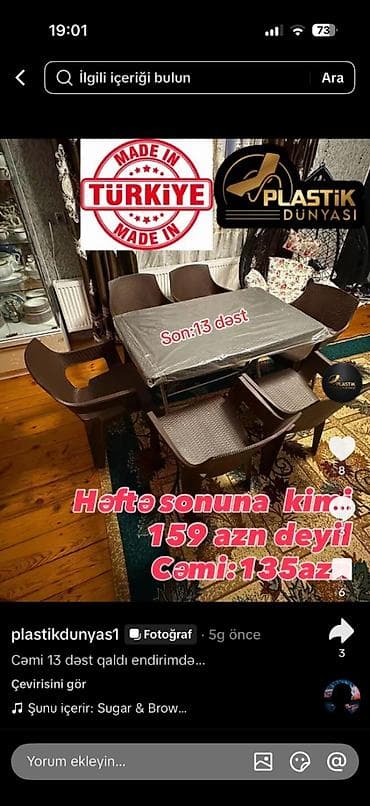 Açılmayan, Dördbucaq masa, 6 stul