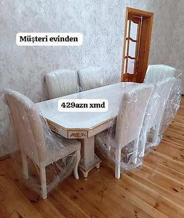 mebel ucuz: Ağ rəngdə klassik üslubda yemək dəsti: - Düzbucaqlı yemək masası — 1