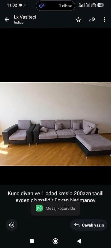 Kunc divan ve 1 ədəd kreslo 200azn təcili evden cixmalidir ünvan — 1