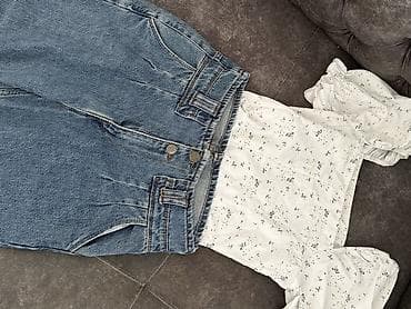 idman dest: Qadın geyim dəsti: Bozzie markalı yüksək bel geniş kəsim cins şalvar + — 2