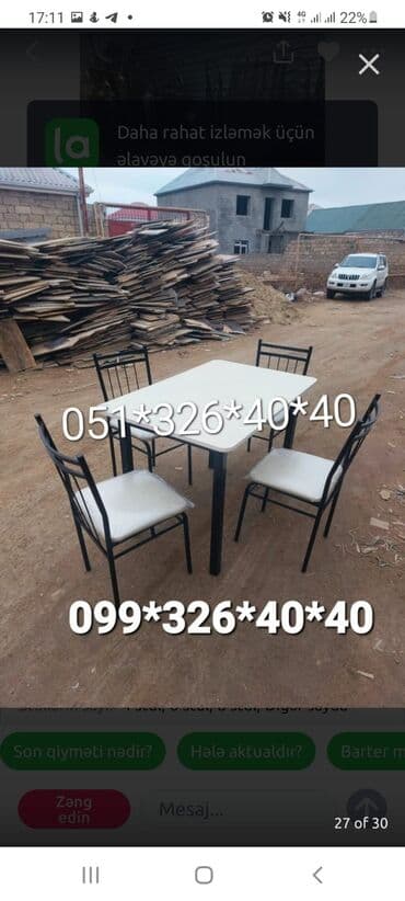 Masa və oturacaq dəstləri: Mətbəx üçün, Yeni, Açılmayan, Kvadrat masa, 4 stul — 25