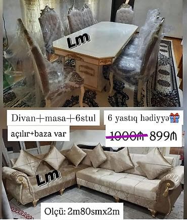 Divan və masa dəstləri: Divan + Masa Dəsti • Dəst: Divan (açılan + bazalı) + masa (2×1 m) + 6 — 1
