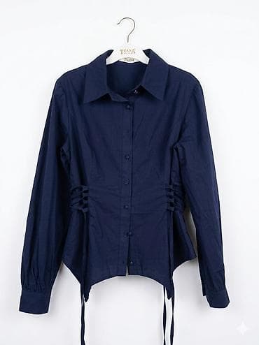 Tünd göy rəngdə qadın köynəyi - Klassik yaxalıq və ön hissədə tam