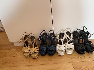 ysl tufli: Saint Laurent Paris “Tribute” platform sandal – mavi laklı dəri - — 3