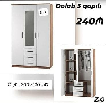 Dolab – 3 qapılı, güzgülü model. - Ölçü: 200 × 120 × 47 sm - Rəng və