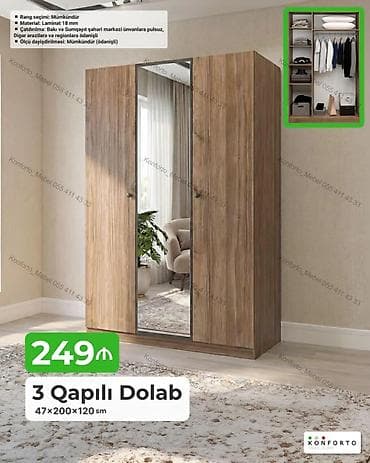 3 qapılı geyim dolabı – 47×200×120 sm - Material: 18 mm laminat - — 1
