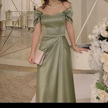 Zeytun yaşıl rəngdə zərif ziyafət donu - Model: off-shoulder (açıq