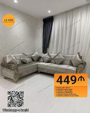 Künc divan, Açılan, Bazalı, Vеlur parça, Şəhərdaxili pulsuz çatdırılma