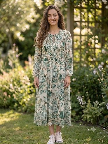 qizil uezuek type 1: Floral naxışlı midi don - Rəng və naxış: Açıq bej fon üzərində yaşıl — 1