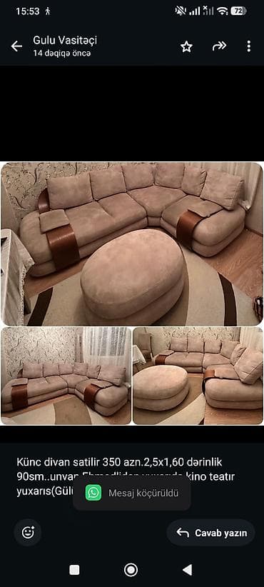 Künc divan satilir 350 azn.2,5x1,60 dərinlik 90sm. unvan Ehmedliden