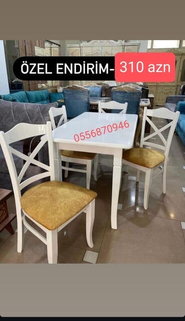 oturacağı: Mətbəx üçün, Yeni, Açılmayan, Dördbucaq masa, 4 stul — 1