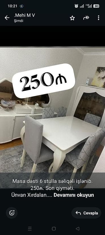 Masa dəsti 6 stulla səliqəli işlənib. 250₼. Son qiyməti. Ünvan