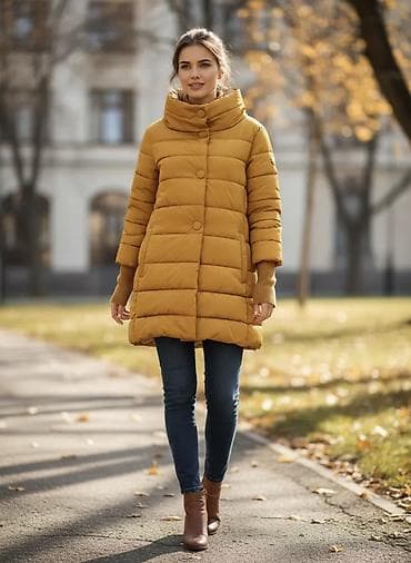 paltolar 2024: Qadınlar üçün isti qış/ payız paltosu – xardal-sarı rəngdə, qısa — 1