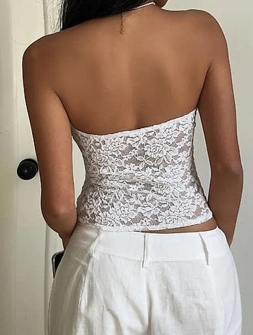 tap.az saatli: Ağ rəngli krujeva strapless top - Model: boru kəsimli, çiyin və ətək — 2