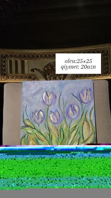 tac sekli: Əl işi rəsm tabloları – akril boya ilə kətan üzərində. 1) Ağ çiçəklər — 5