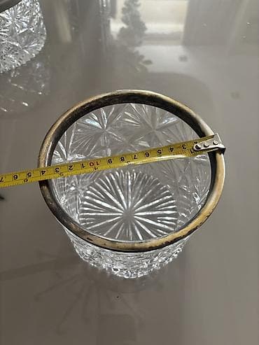 samdan: Kəsilmiş naxışlı kristal qab – metal haşiyəli - Material: şəffaf — 3