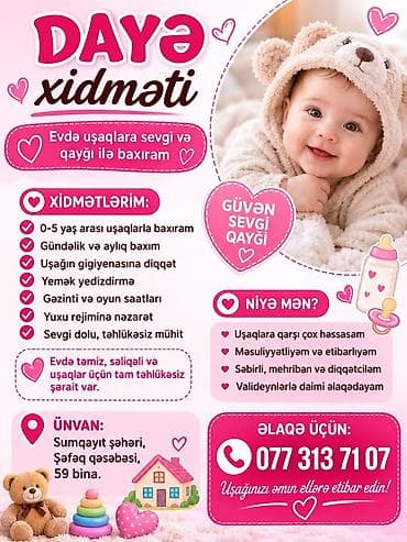 Daya xidməti – evdə uşaqlara sevgi və qayğı ilə baxım Xidmətlər: - lalafo.az -da Daya xidməti – evdə uşaqlara sevgi və qayğı ilə baxım Xidmətlər: -