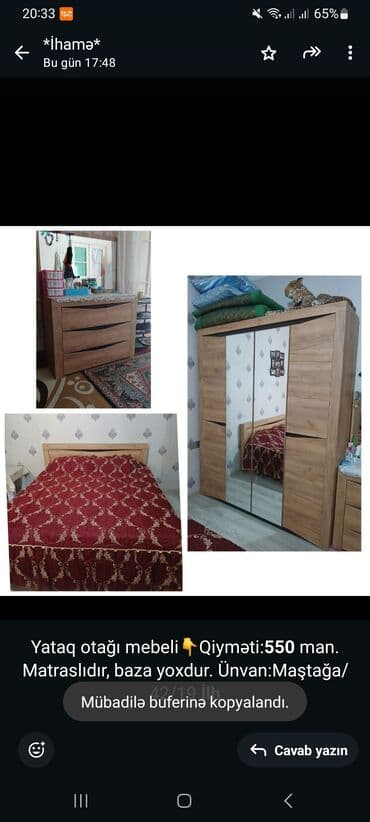 madeyra tek carpayi qiymetleri: Yataq otağı mebeli👇Qiyməti:*550* man. Matraslıdır, baza yoxdur — 1