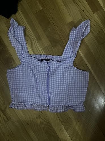 Bənövşəyi-ağ dama naxışlı qısa top - Model: kvadrat dekolteli, qalın