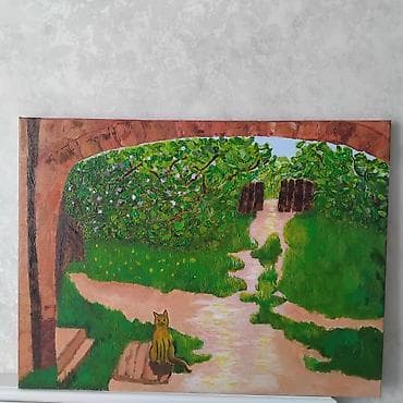 Ev və bağ: Əl işi tablo – 60×80 sm | Bağ mənzərəsi və pişik | Ev dekoru üçün — 3