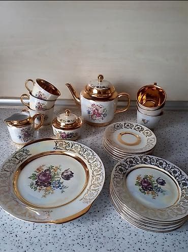 Çay dəsti, rəng - Qızılı, Farfor, 6 nəfərlik