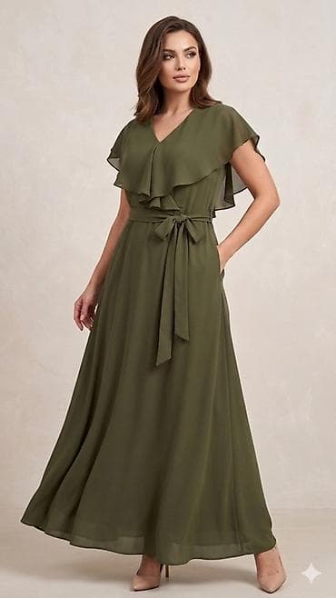 Zeytun-yaşıl rəngdə, zərif siluetli uzun qadın paltarı. - Model: maxi