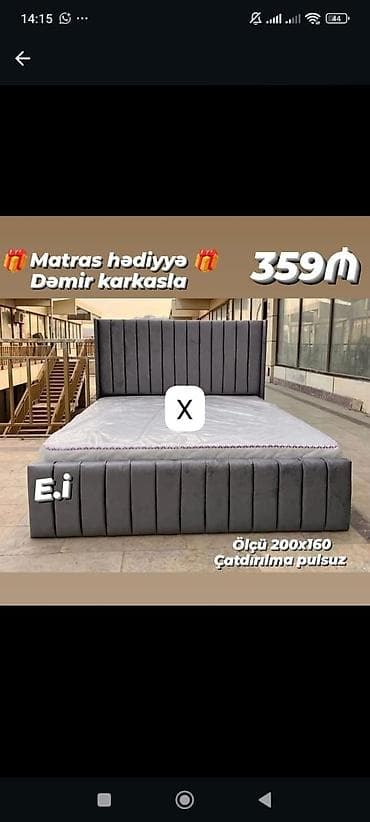 Çarpayılar: Qrey rəngdə yumşaq döşəməli çarpayı - Ölçü: 200x160 sm - Dəmir — 1