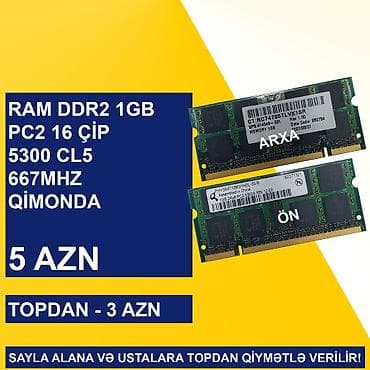 Sərt disklər (HDD): Operativ Yaddaş "DDR2 1GB 667 Sodimm" SAYLA ALANA VƏ USTALARA TOPDAN — 1