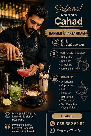 aşbaz işi axtariram: Barmen, 30 yaş, 5 ildən artıq təcrübə — 1