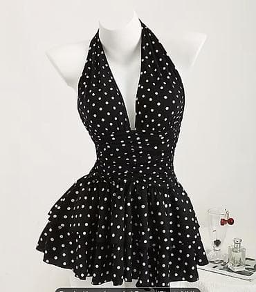 детское платье в горошек: Qara-ağ xallı qadın mayo/plaş-mayo - Rəng və naxış: Qara fonda ağ — 1